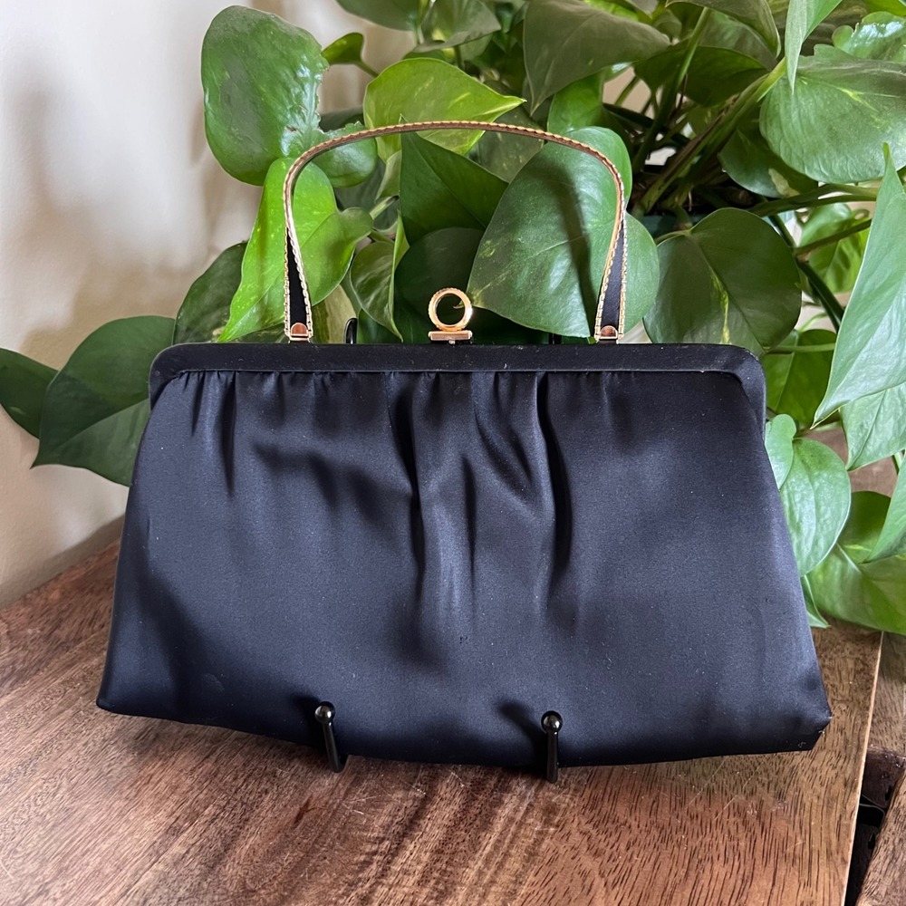 Vintage Ande Black Satin Evening Bag Gold Handle Clutch Party Purse Formal
